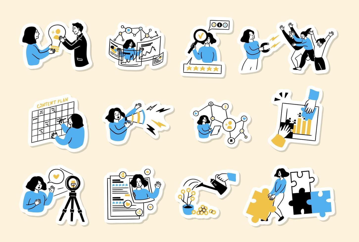 Cartoon Color Social Media Marketing Content Plan Concept Scenes Stickers Set. vector