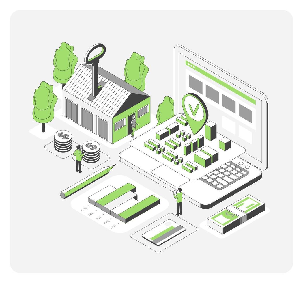Real Estate Building with Money Coins and Charts 3d Isometric View. vector