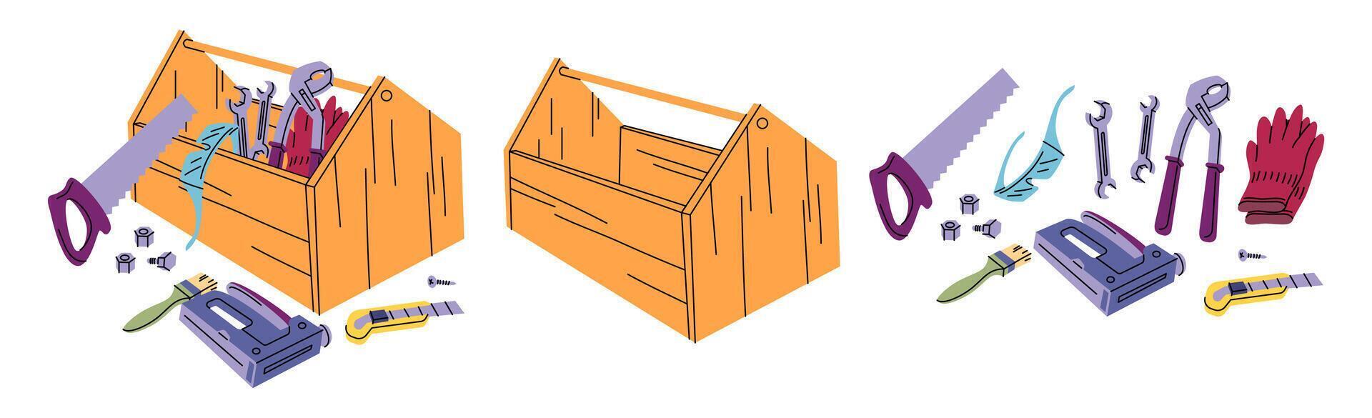 Cartoon Wooden Empty and Full Open Construction Toolkit Boxes Set. vector