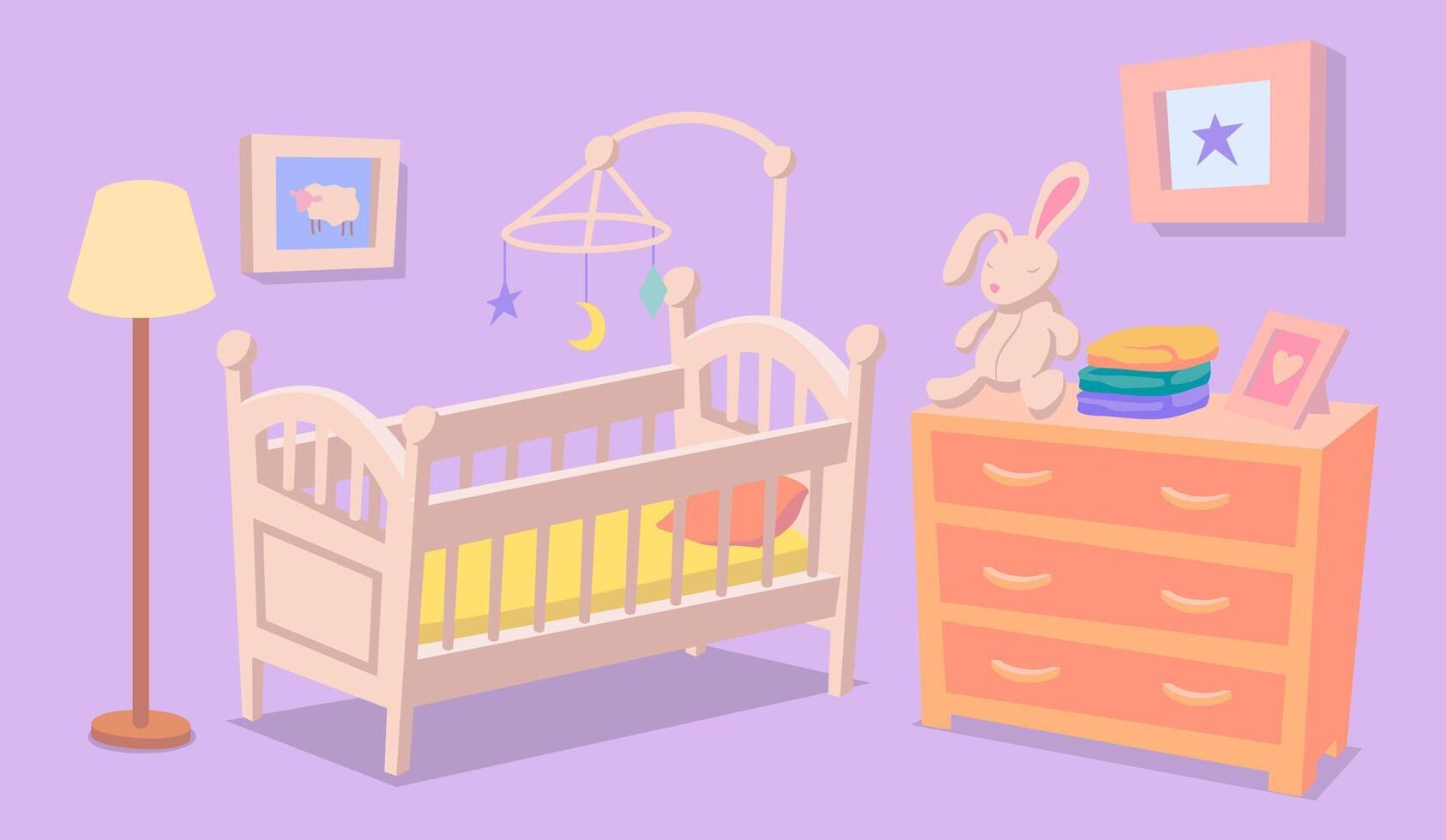 Cartoon Color Wooden Baby Cot with Hanging Toy Kid Sleep and Dresser Room Interior Inside Scene Concept. vector