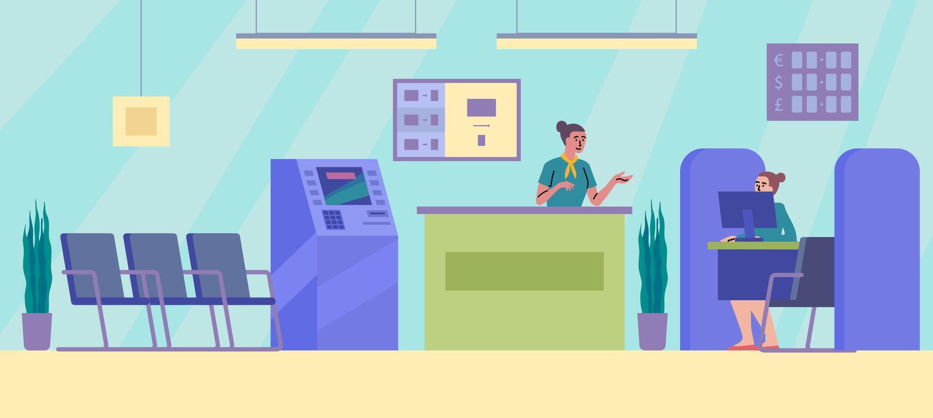 Cartoon Color Characters Managers at Bank Office Room Concept. vector