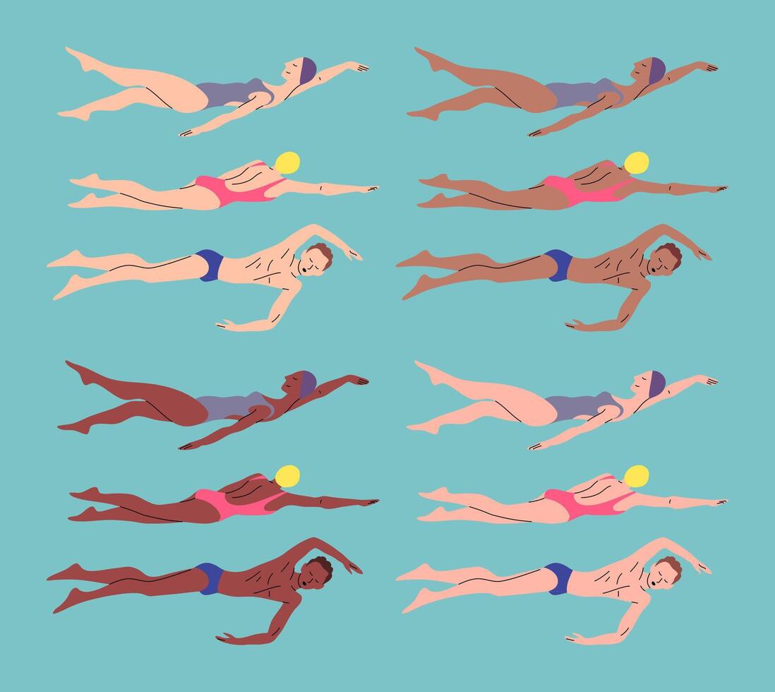 Cartoon Color Different Skin Tones Characters People Professional Swimmers Concept. vector