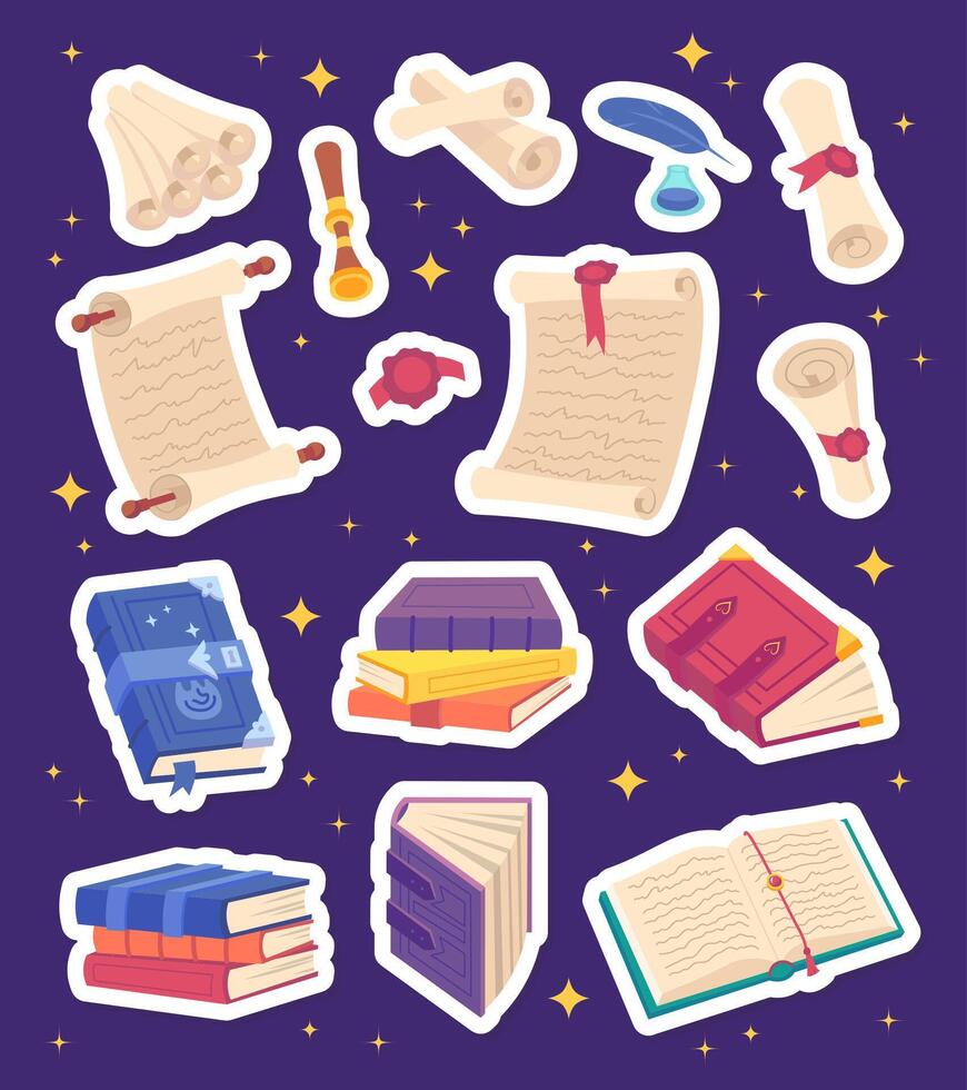 Cartoon Color Different Spell Magic Books and Scrolls Stickers Set. vector