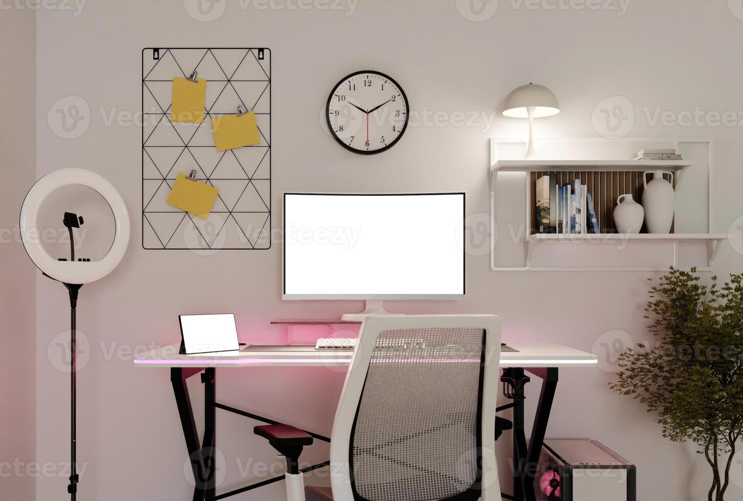 Minimalist streaming room with modern decor and functional workspace. 3D render illustration photo