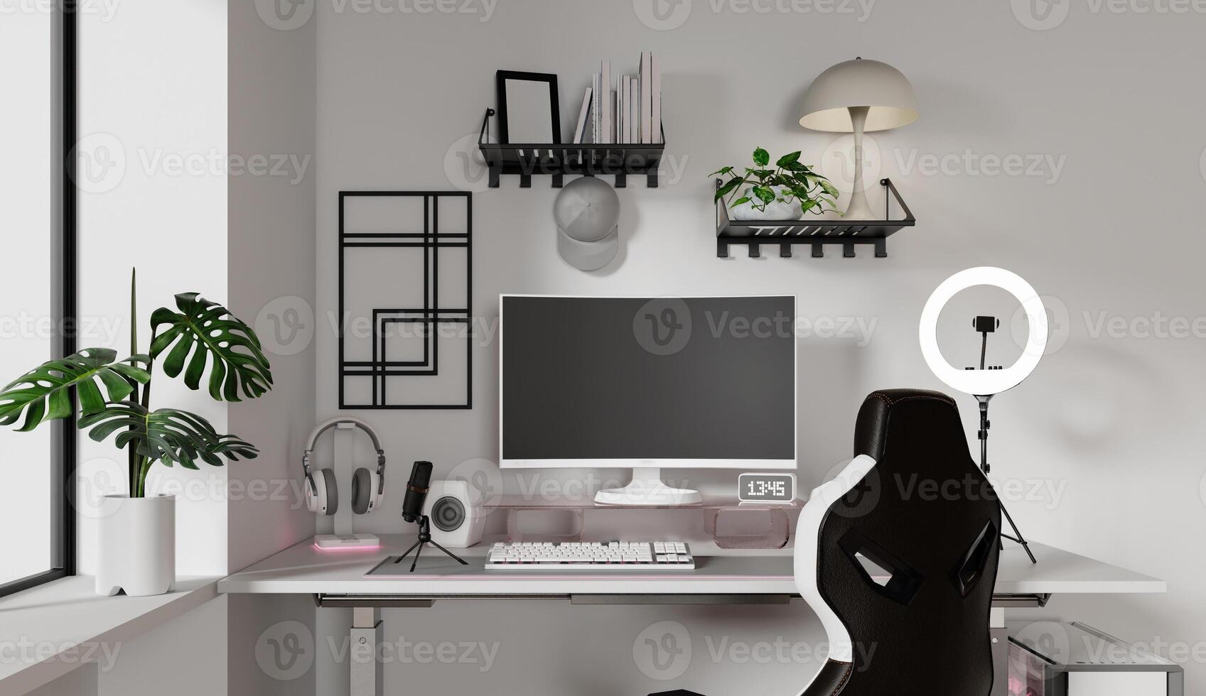 Elegant streaming room setup featuring advanced technology and chic design. 3D render illustration photo