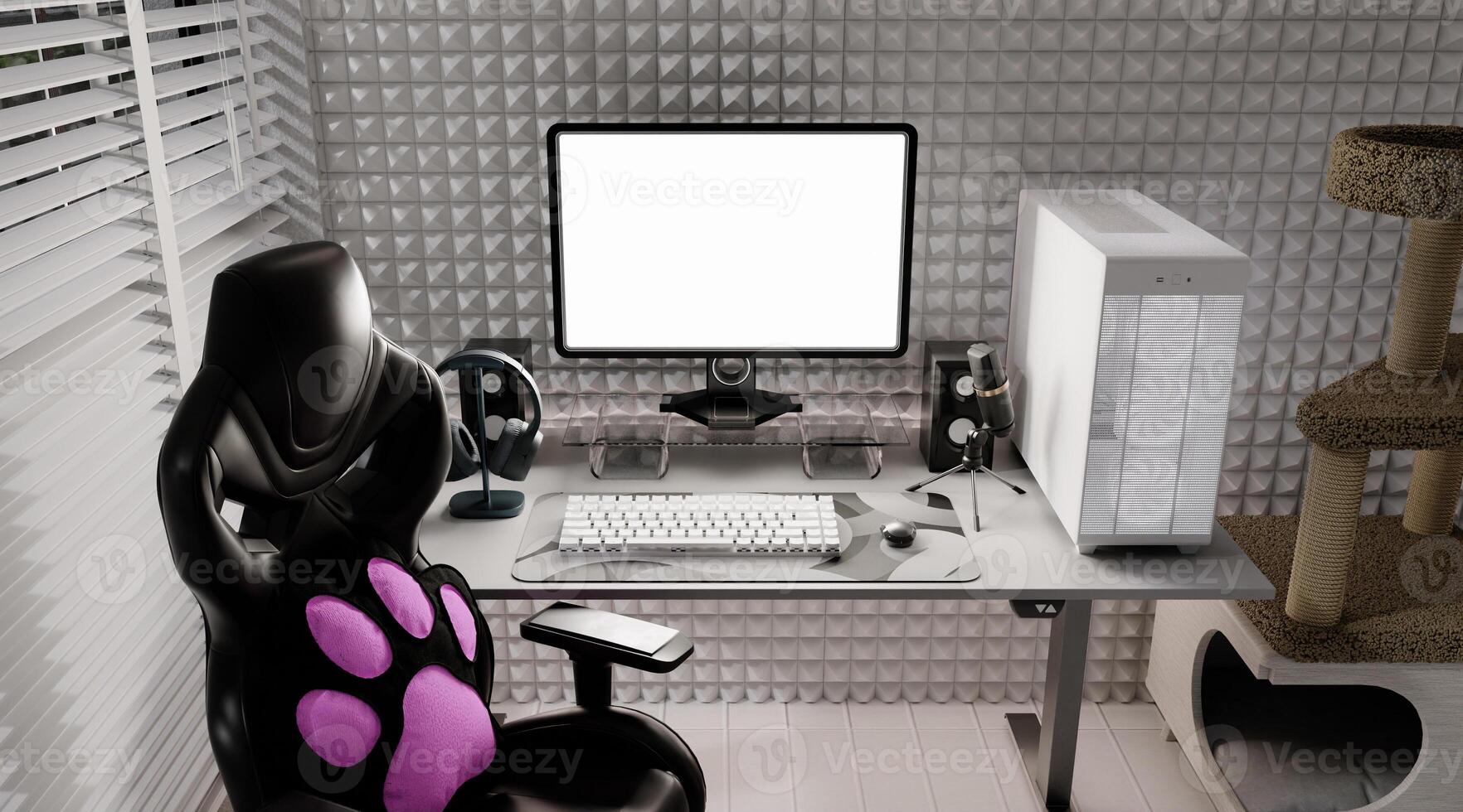 Streaming room design featuring a sleek computer setup and gaming chair. 3D render illustration photo