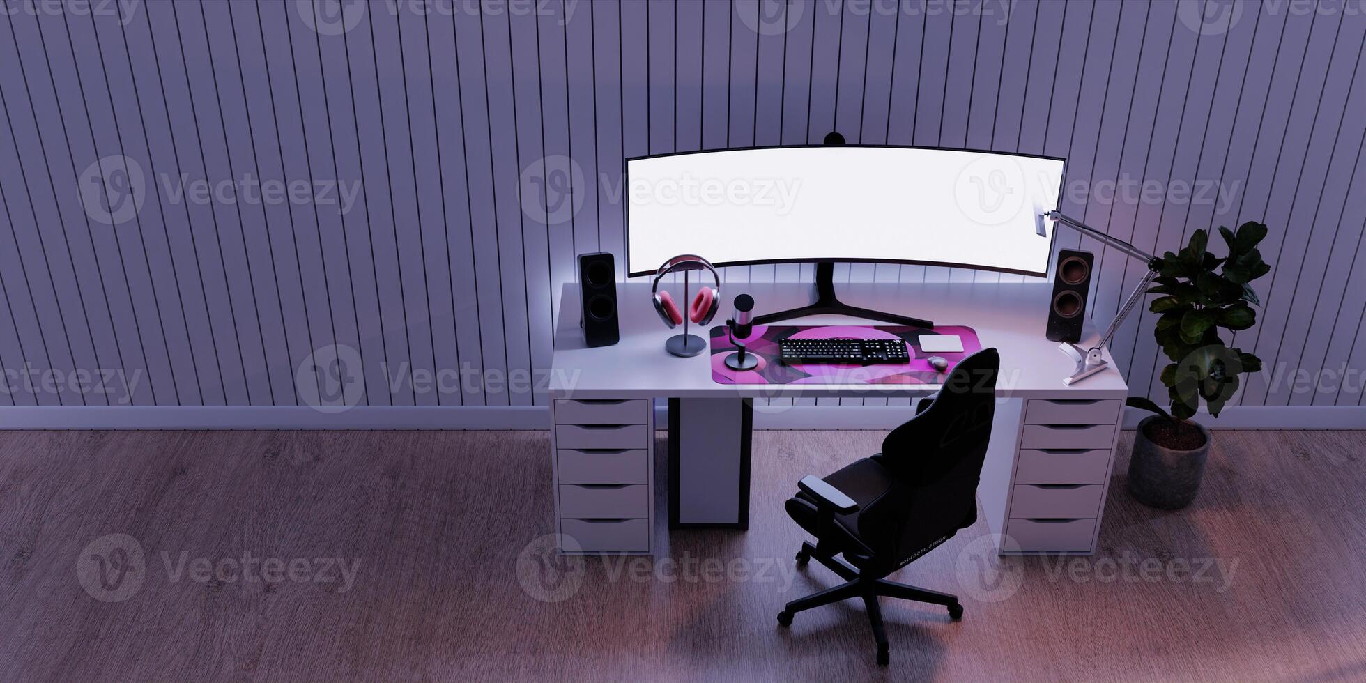 Streaming room setup with pink accents and modern design. 3D render illustration photo