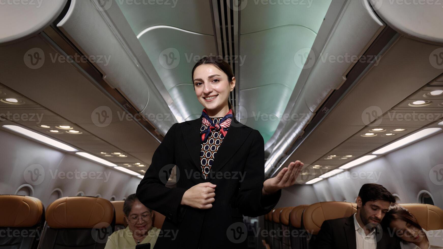 Smiling flight attendant, in uniform welcomes and guides passengers aboard a modern airplane. photo