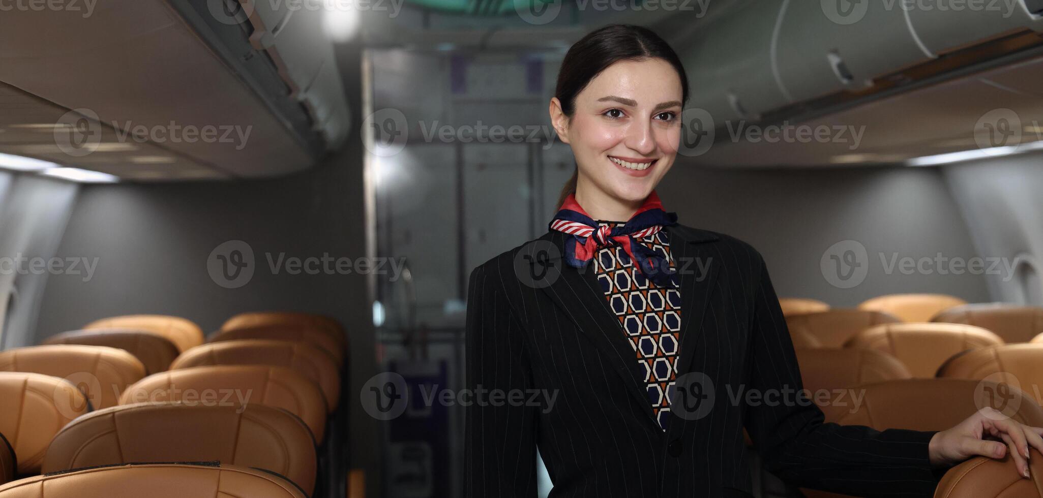 A friendly flight attendant stand confidently inside an airplane cabin. photo