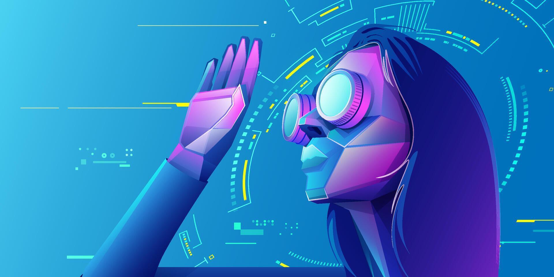 Futuristic woman with robotic hand vector