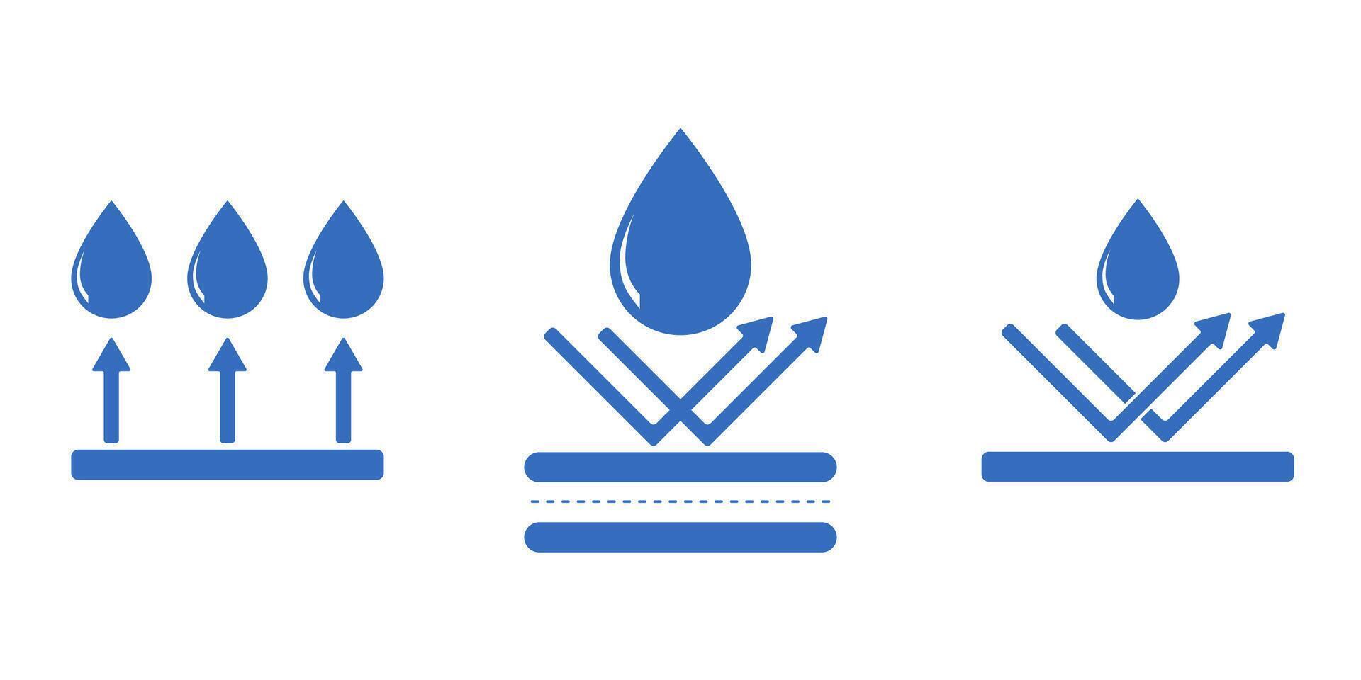 waterproof and anti-corrosion icon pack. Water drop with arrows and protection layers. Weatherproof and resistant design elements for materials, fabrics, coating or tech specs. vector