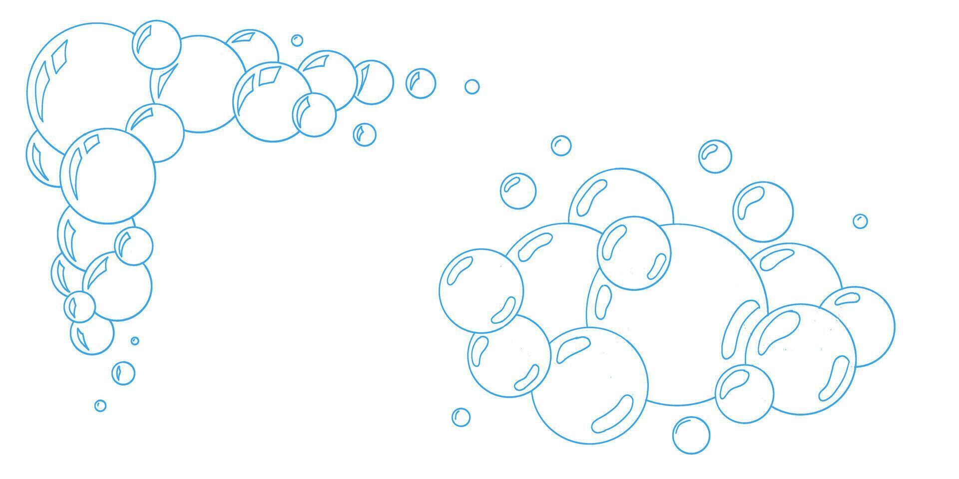 line art bubbles collection. Soapy water bubbles with doodle sparkles. Clean outline design for bath product label, laundry detergent, or childrens hygiene illustration themes. vector