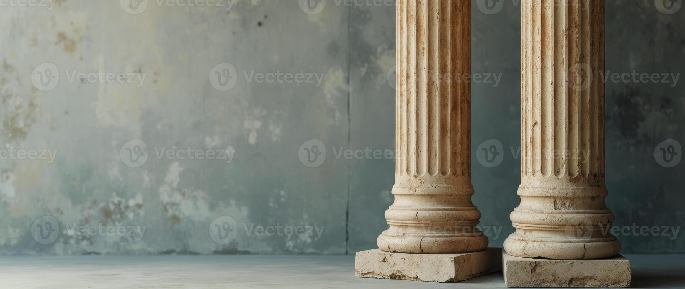 Two weathered stone columns stand on a concrete floor against a textured gray wall. photo