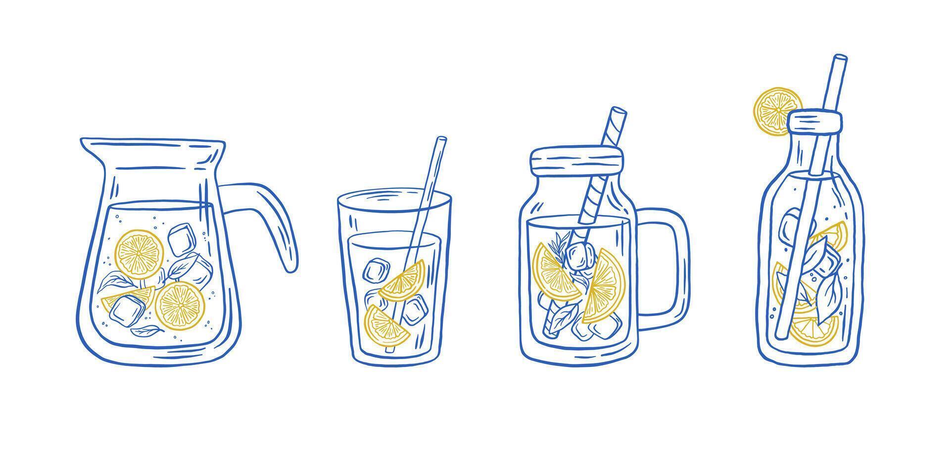 Set of home made lemonade with ice in glasses illustration. Summer Italian fresh drink. vector