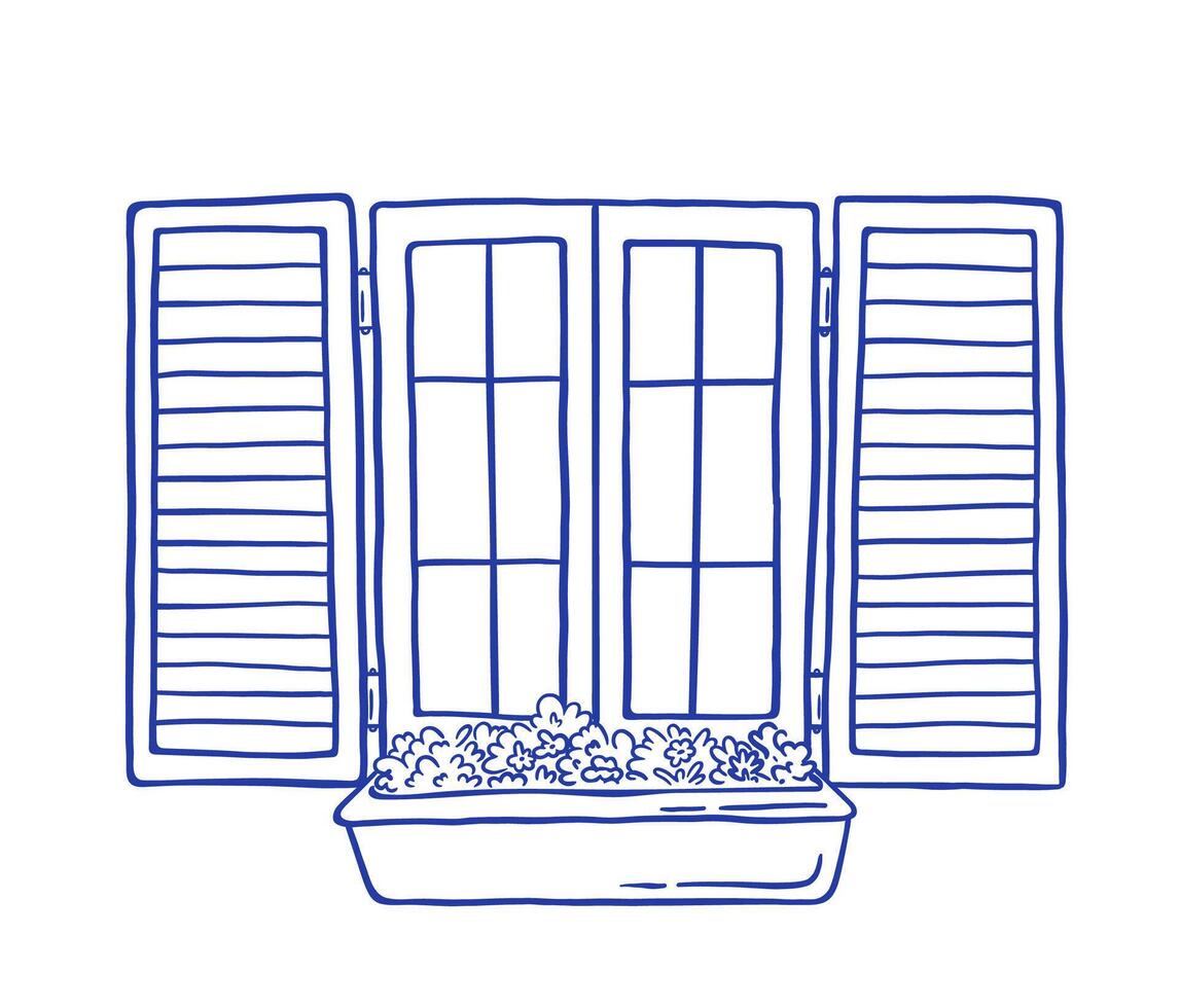 Hand draw vintage windows with open shutters and flower pots on sill illustration vector