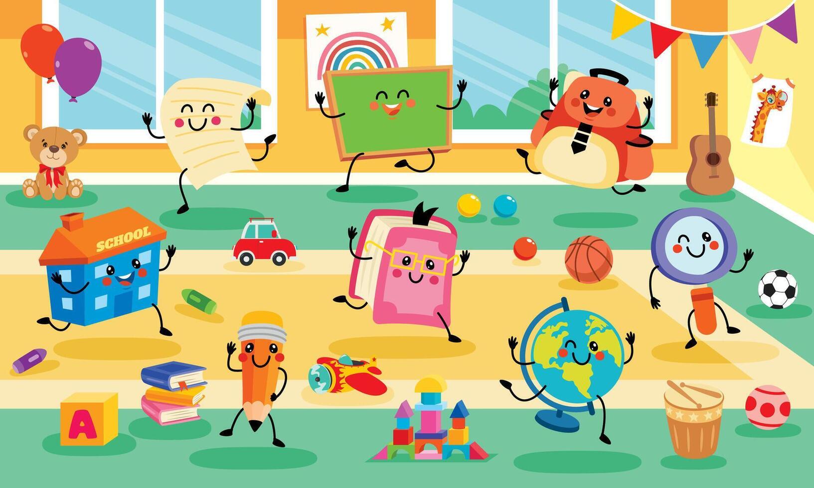 Cheerful classroom with happy school supplies vector