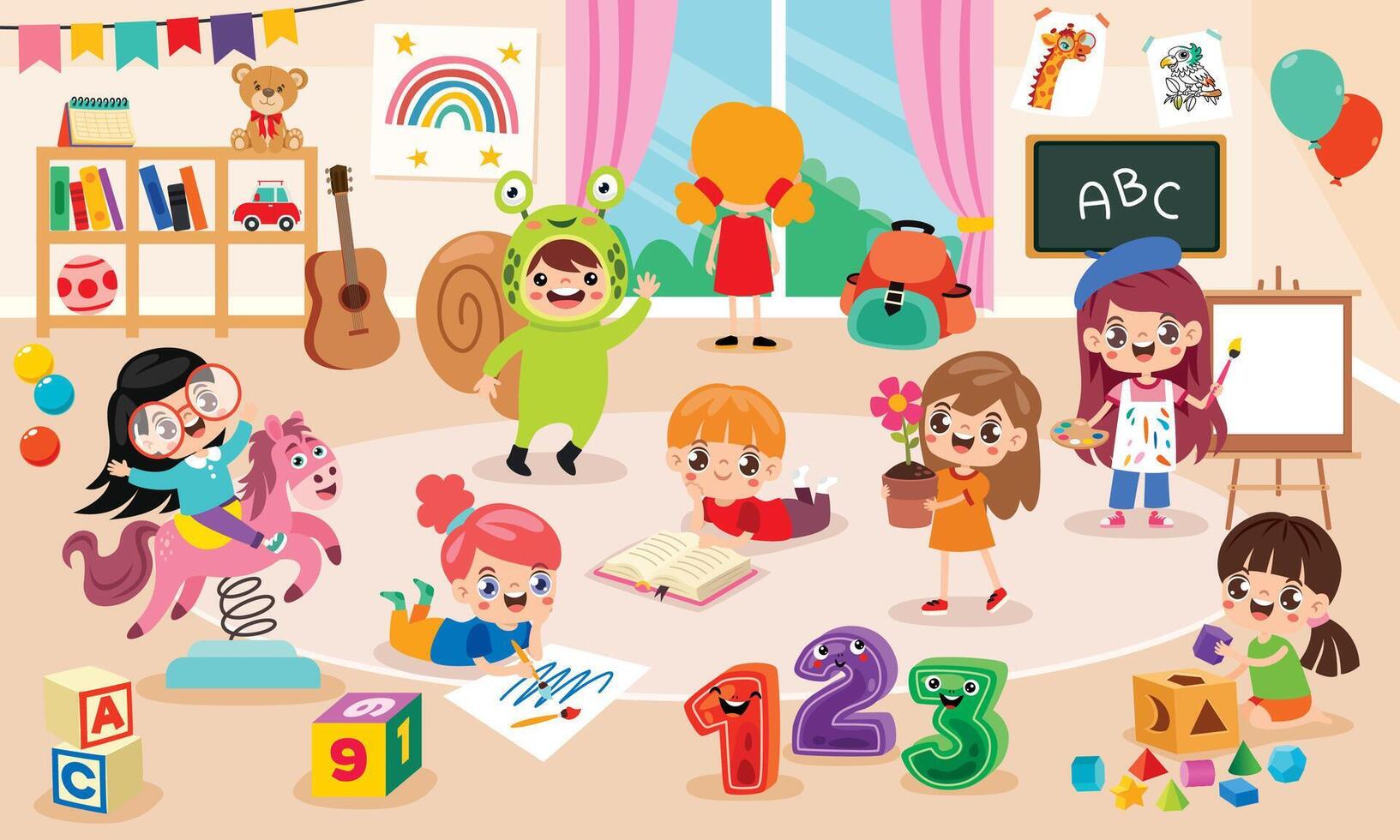 Children playing in a colorful playroom vector