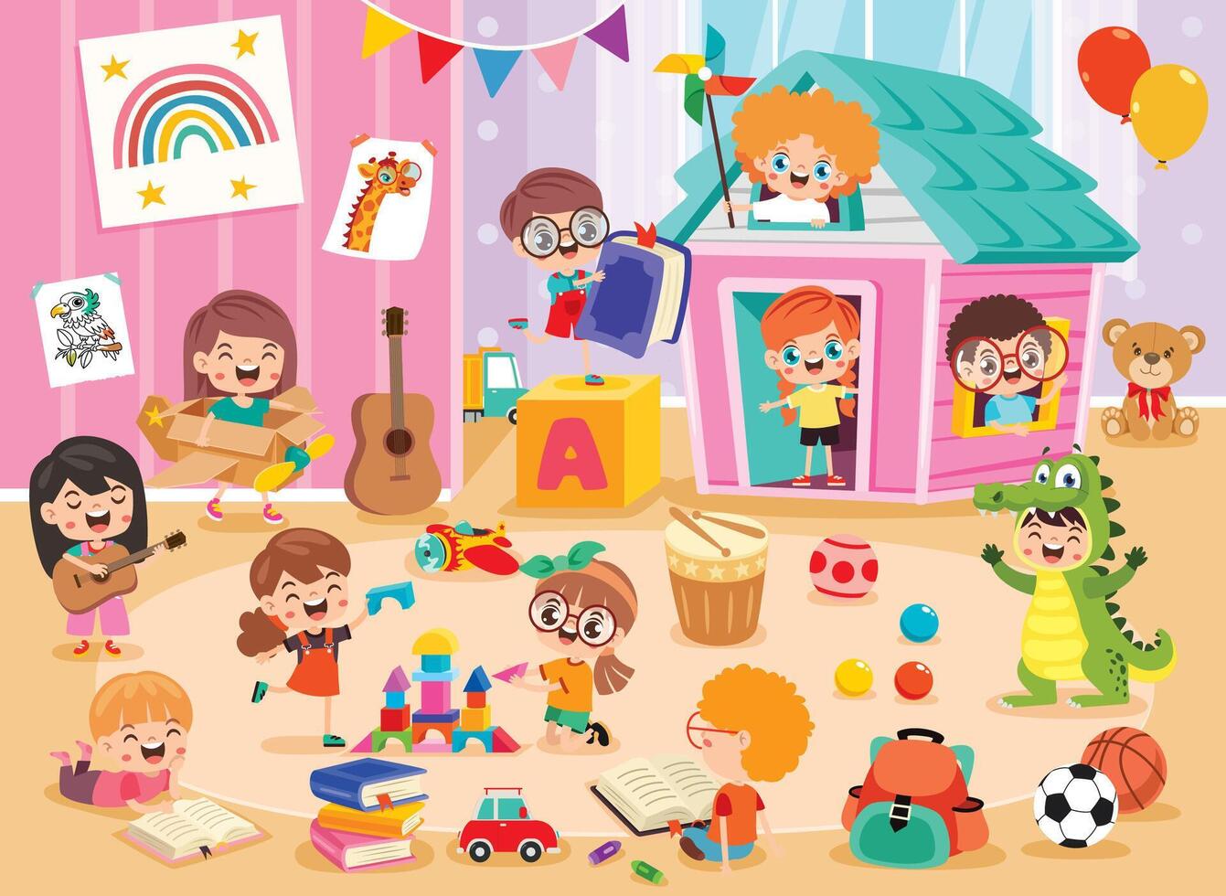 Children playing in colorful indoor playroom vector