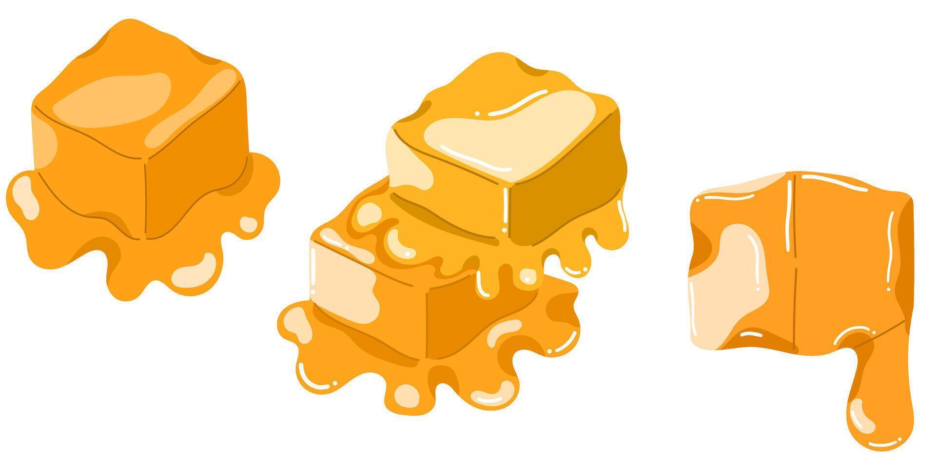 Set of caramel elements, smooth melting caramel and stacked of melting caramel, rich dessert topping concept in flat illustration vector