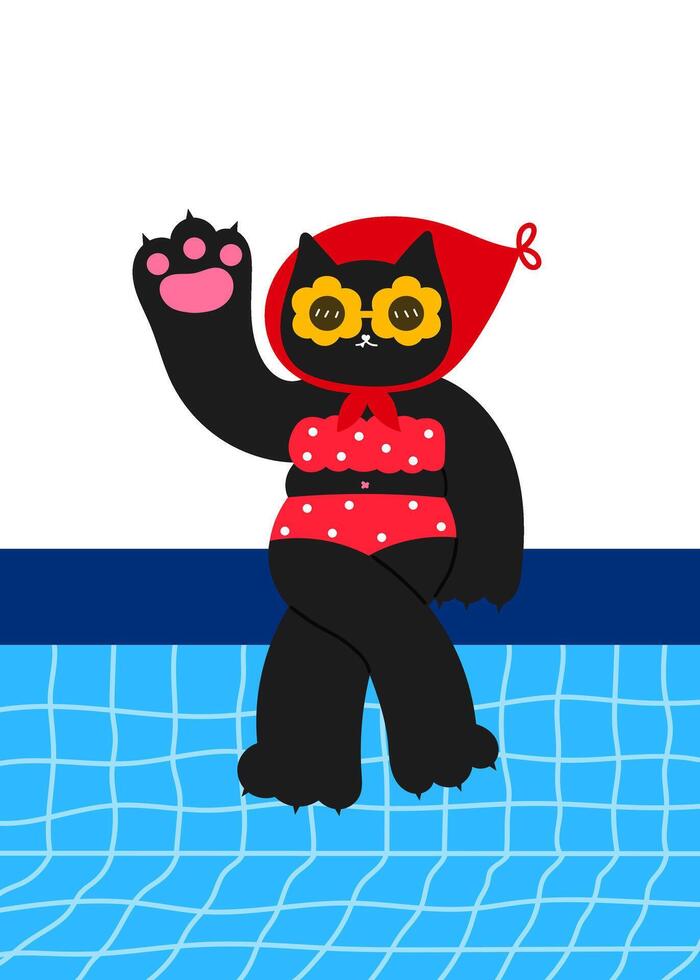 cool cat in sunglasses and swimsuit sitting by the swimming pool, summer vacation and pet lifestyle concept illustration vector
