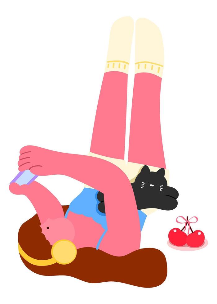 woman lying down with cat and playing mobile games, cozy home lifestyle, relaxation and pet companionship, flat illustration vector