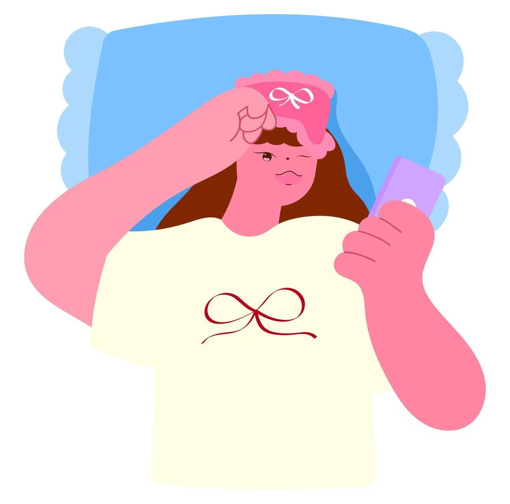 woman lifting sleep mask to check phone in the morning, digital lifestyle and morning routine vector