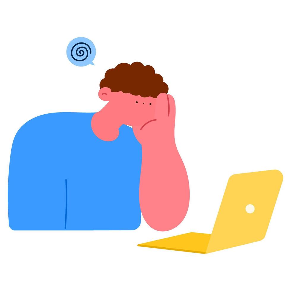 Man with headache sitting near a laptop, stress and fatigue from work flat illustration vector