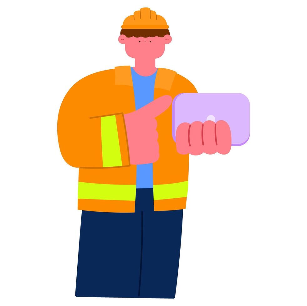male civil engineer wearing safety vest and hard hat using tablet on construction site project planning and digital inspection concept, flat illustration vector