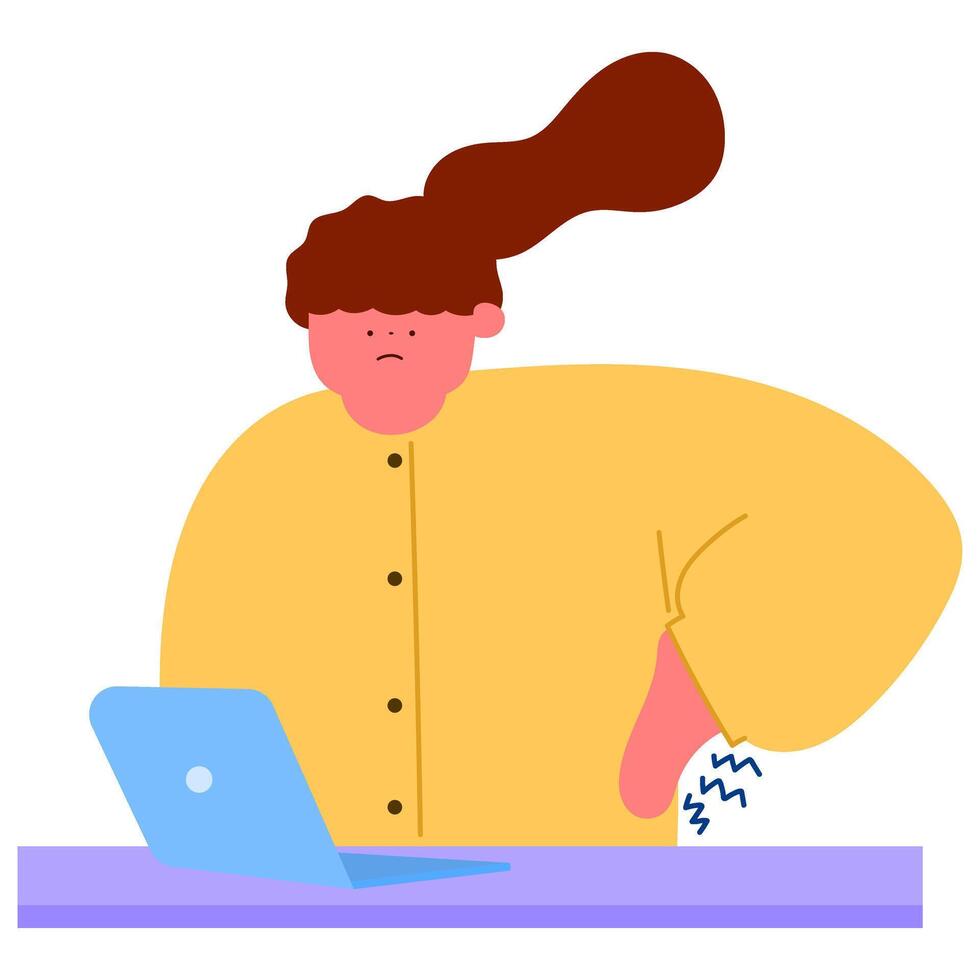 female office worker suffering from lower back pain while working at desk, office syndrome and back pain from long hours of work, flat illustration vector