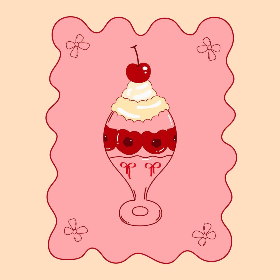 Vintage ice cream sundae with cherry and bow poster background vector