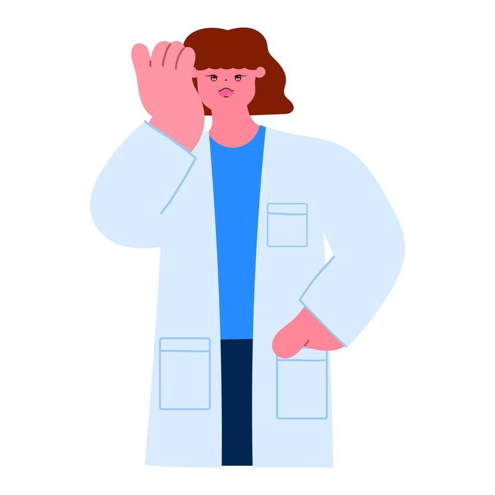 exhausted female doctor touching her head, emotional burnout, overwork, and mental fatigue in healthcare profession vector