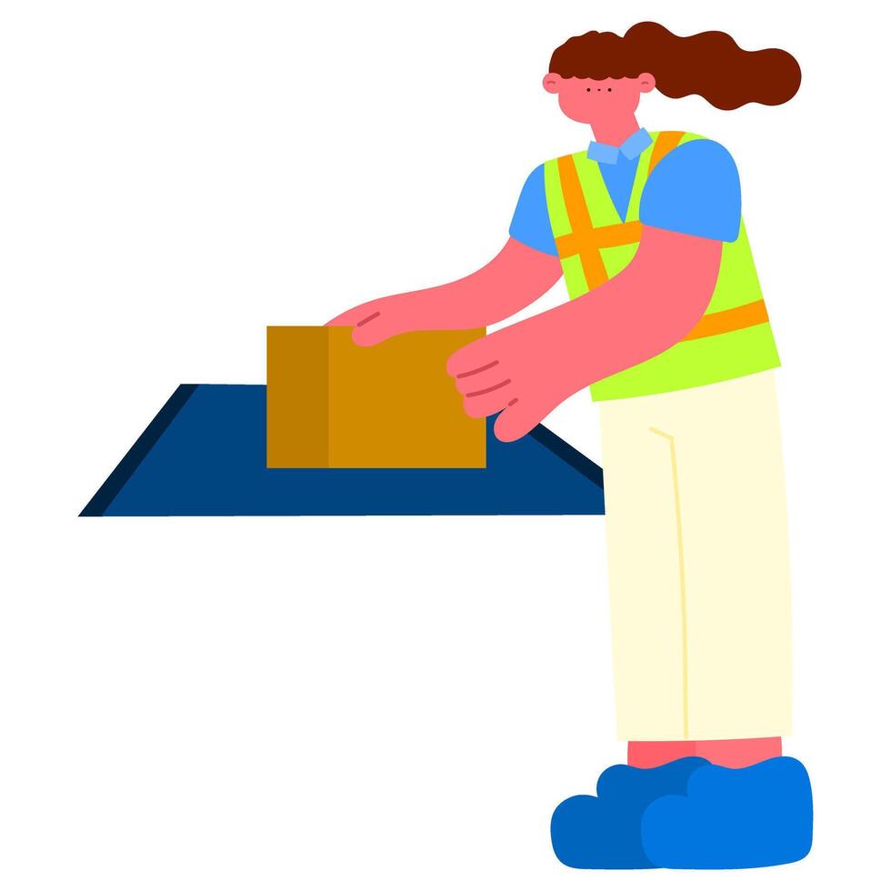 female warehouse worker in safety vest loading parcels onto conveyor belt in e-commerce logistics sorting facility vector