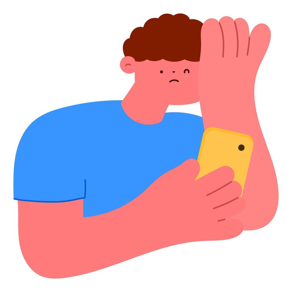 man touching his forehead and holding smartphone, feeling stressed or unwell vector