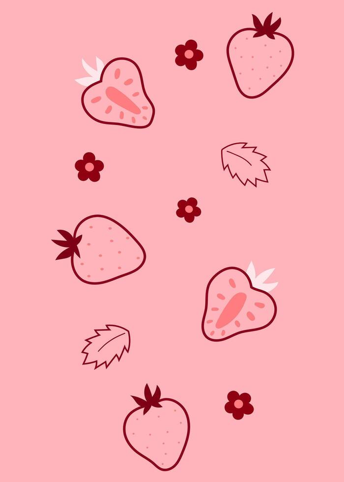 minimal strawberry with flower and leaves floating, fruit decorative element for modern design vector