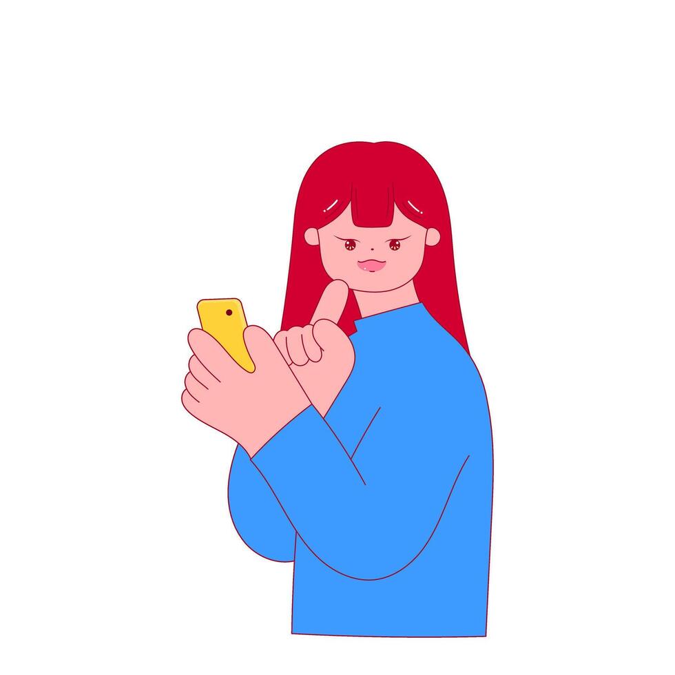 woman holding smartphone and touching chin thoughtfully vector