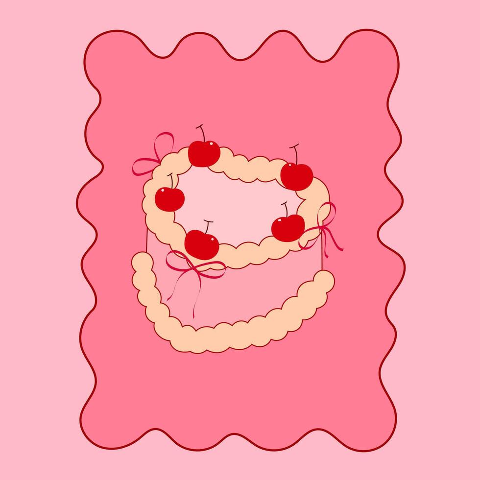 vintage cake topped with cherry and ribbon bow, retro dessert poster for bakery and patisserie branding vector