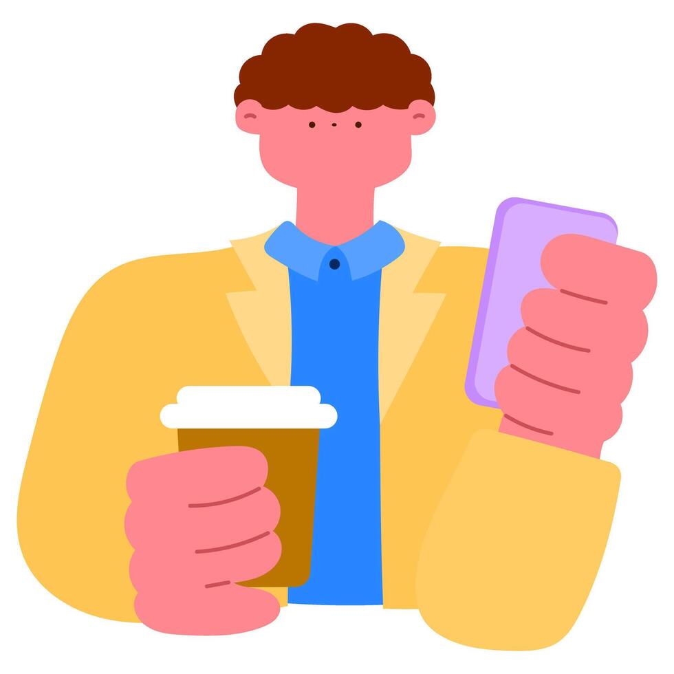 Businessman in formal suit using smartphone for social media during coffee break, digital lifestyle and work-life balance concept illustration vector