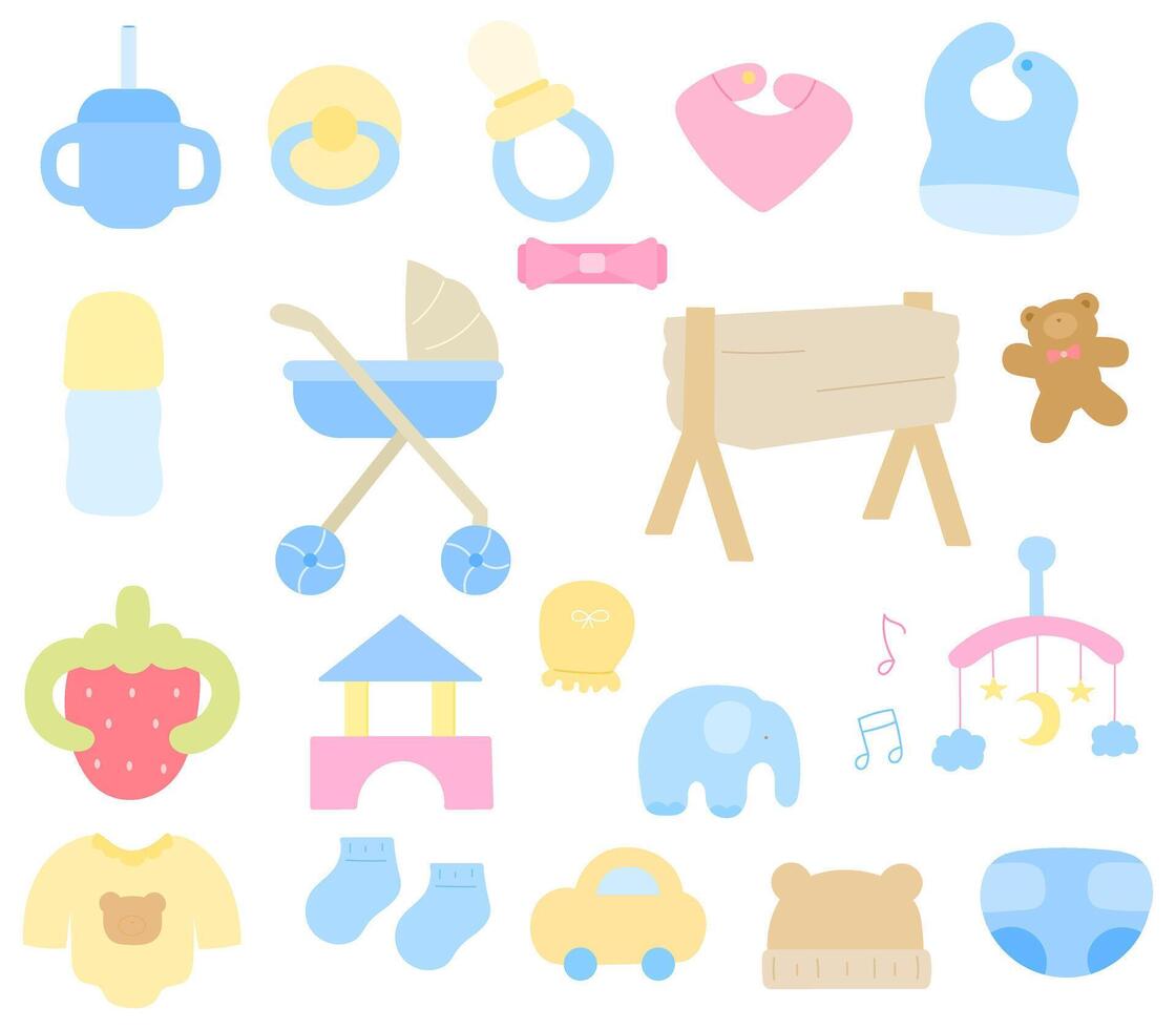 collection of baby items in hand drawn illustration style vector