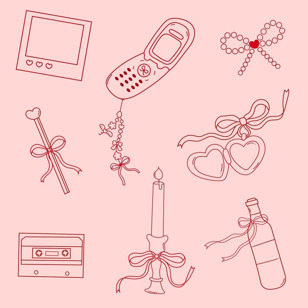 Vintage doodles collection of phone, wine, heart, tape, candle, ribbon bow, matches, polaroid vector