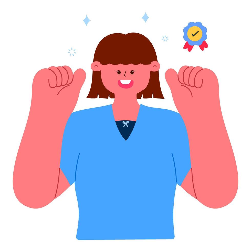 happy woman celebrating success with a fist pump and gold medal ribbon icon, achievement, reward, winner mindset, personal growth, motivation, and goal accomplishment concept vector