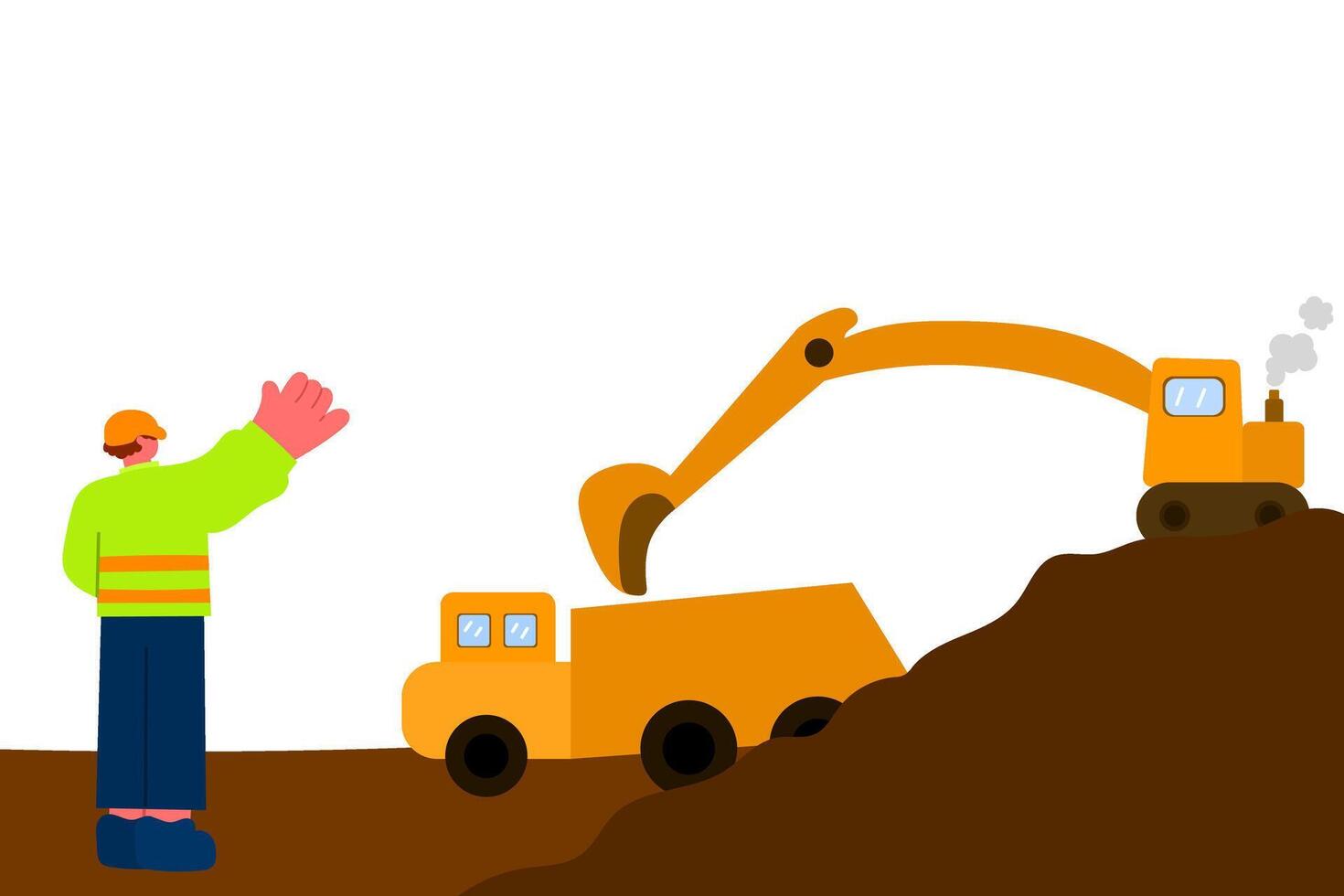 civil engineer on construction site monitoring excavator loading sand into industrial truck construction management and heavy equipment operation concept vector