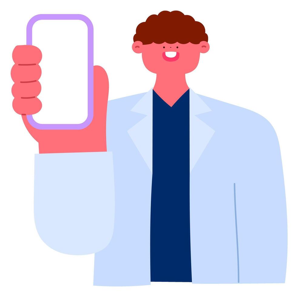 Smiling doctor holding a smartphone with a blank screen, healthcare technology concept vector