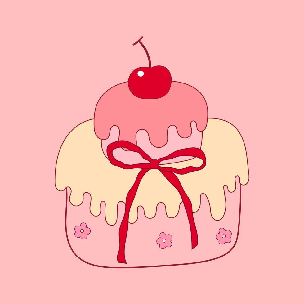 Minimalist two tier cake with cherries, ribbon bow and floral Decor vector