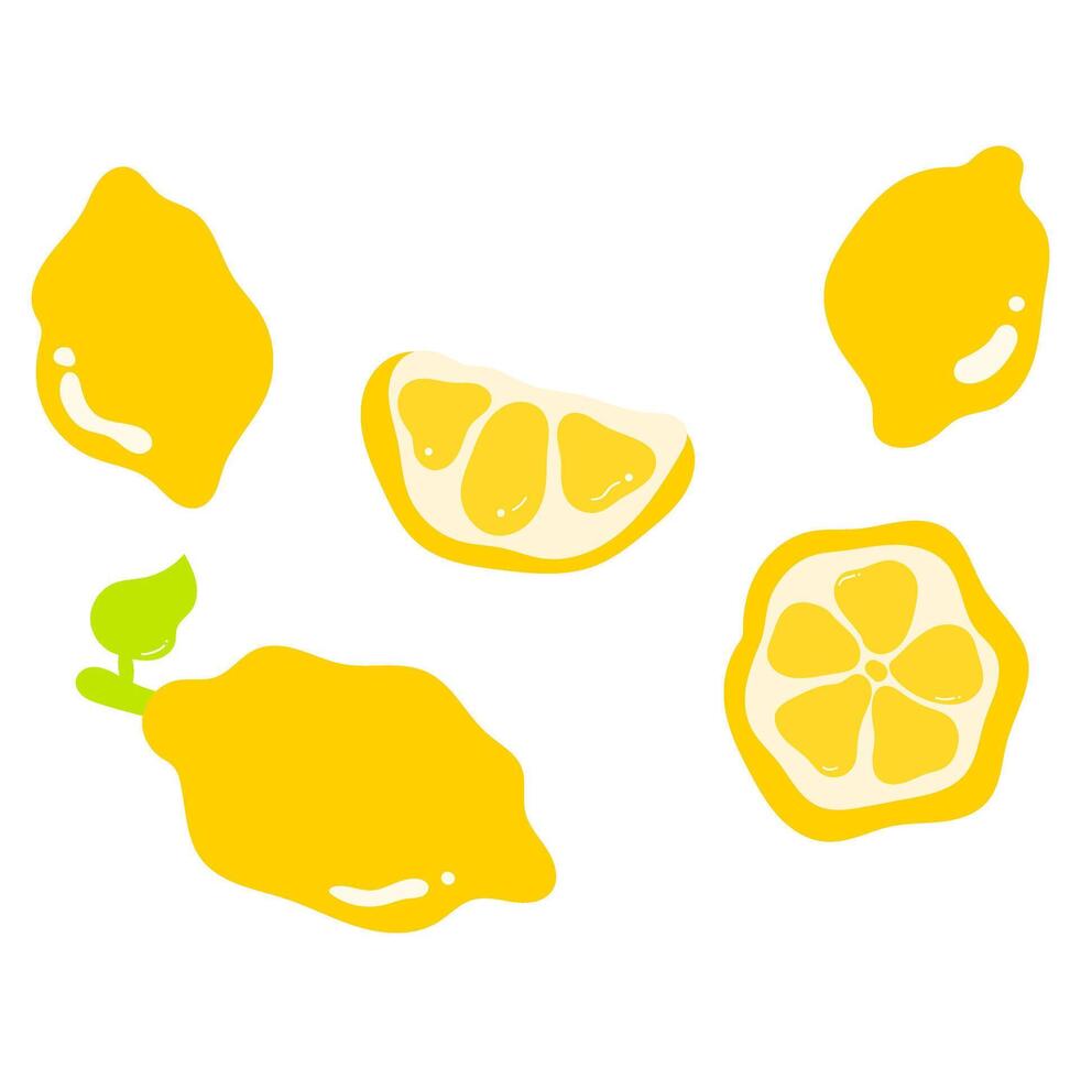 lemon collection with stem, leaf, and cut pieces vector