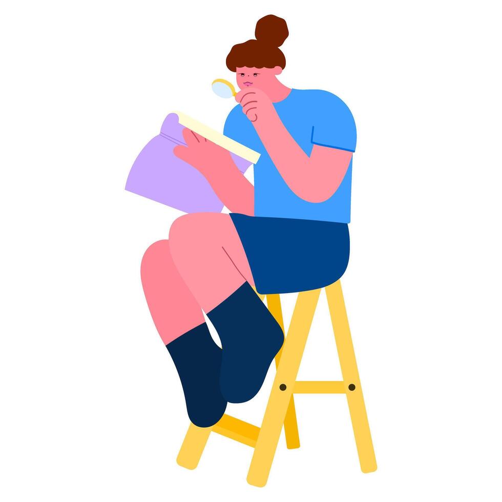 woman sitting on stairs holding a magnifying glass and reading a book, education, curiosity, knowledge discovery and lifestyle concept vector