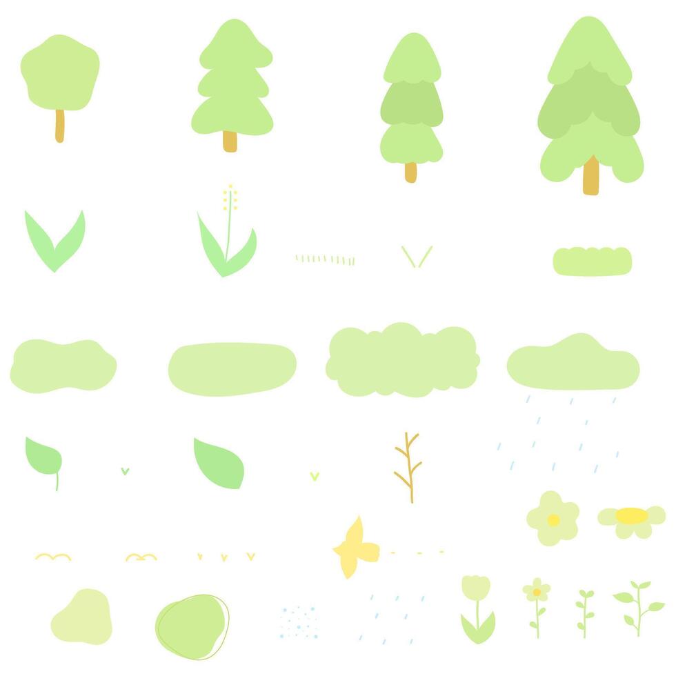 pastel green nature elements including trees, clouds, birds, and grass vector