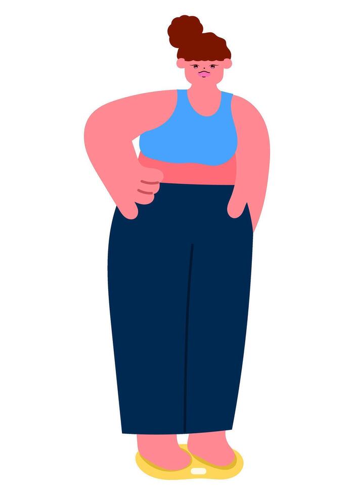 overweight woman checking weight on scale, motivation for weight loss and healthy lifestyle vector