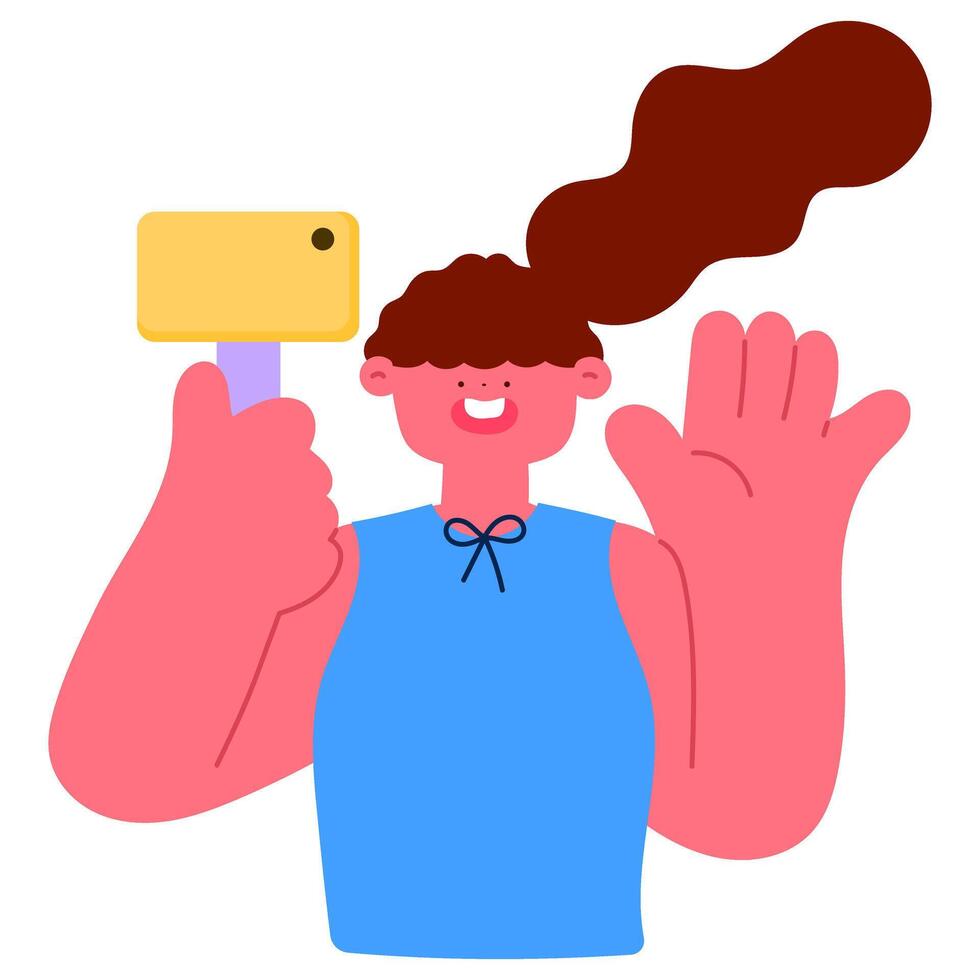 smiling woman holding a phone and waving at the camera for social media greeting, influencer content creation, and live streaming, flat illustration vector