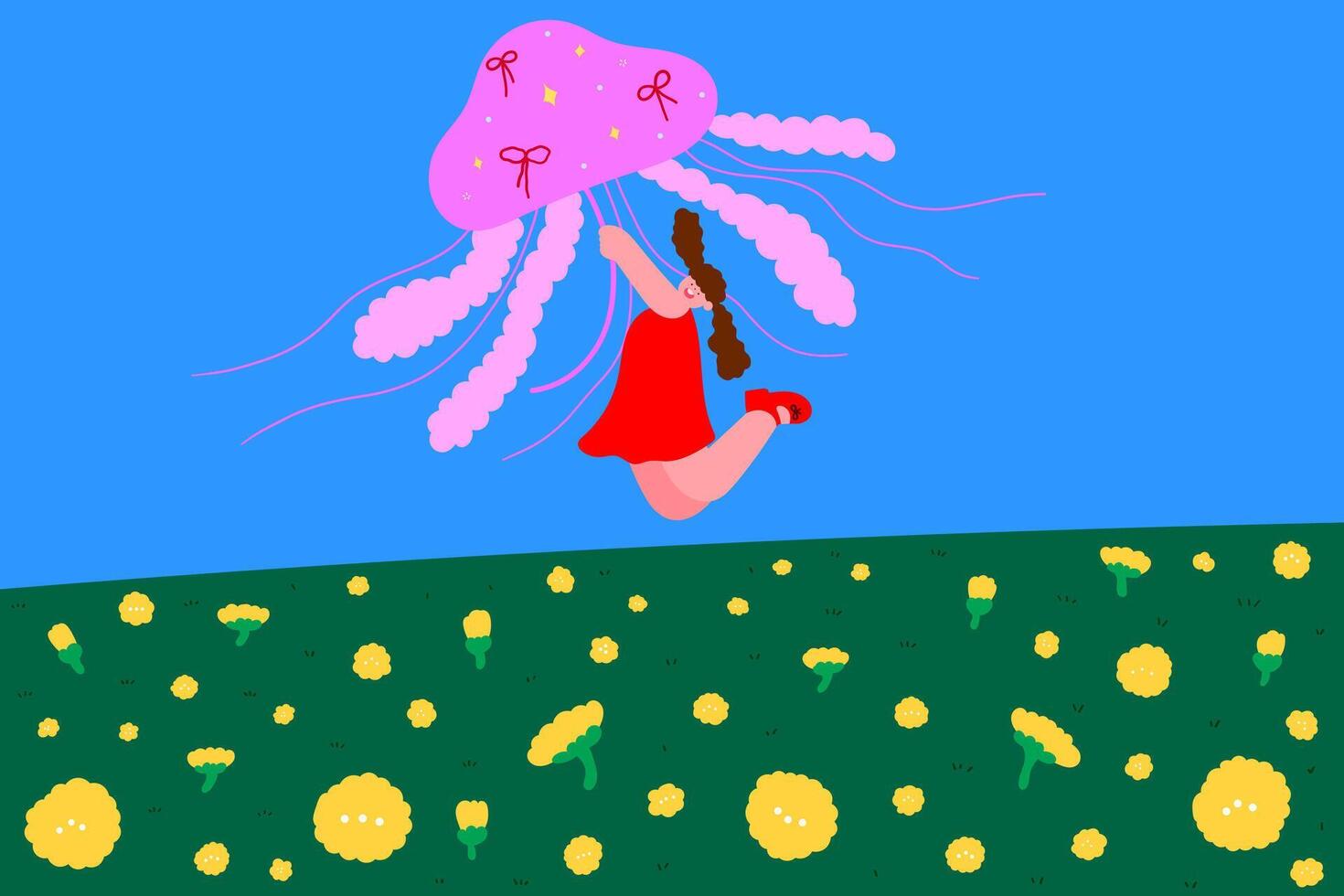 Happy little girl holding a jellyfish and jumping joyfully in a flower meadow. Playful childhood, nature exploration, summer adventure, outdoor activity, and imagination concept vector
