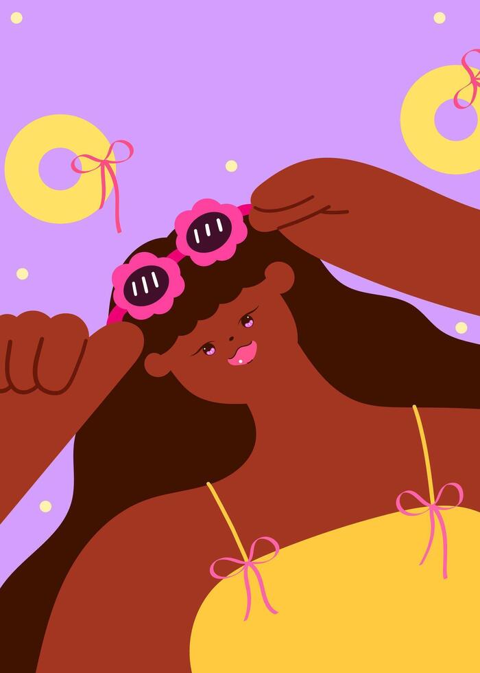 woman wearing sunglasses with inflatable swim ring, summer vacation, beach lifestyle, and holiday concept flat illustration vector